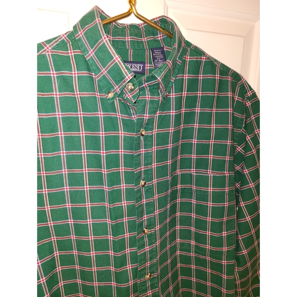 Lands End Shirt‎ Men's sz M 15-15.5 Green Red Plaid Long Sleeve Button Up COTTON
